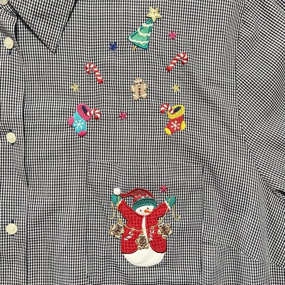 Karen Scott Plus 3X Gingham Christmas Shirt Button Up Embroidered Holiday Top - Picture 5 of 7